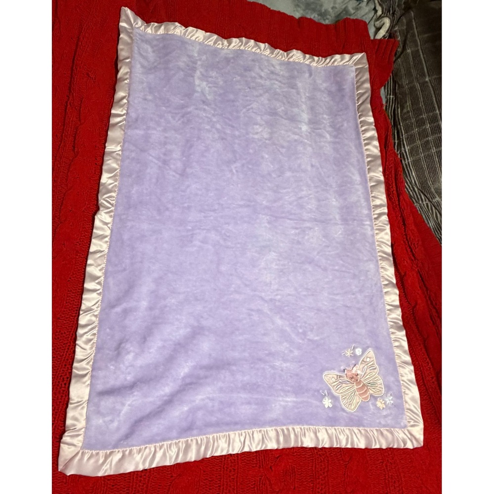 Lullaby Lane Purple Butterfly Baby Blanket Pink Satin Ruffle Trim Plush Fleece